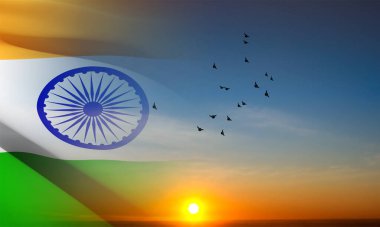 Tricolor Indian Flag on sunset. Background for National holidays with place for text. EPS10 vector