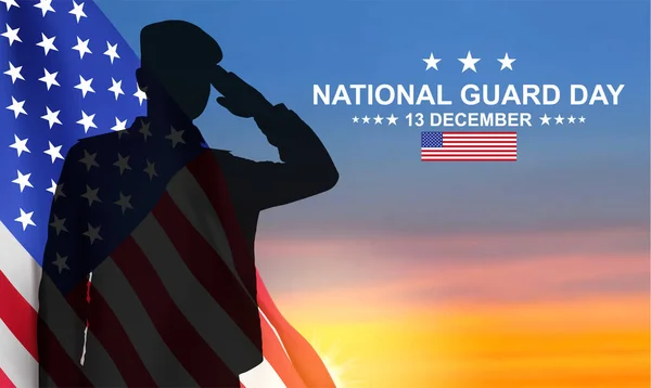 stock vector Silhouette of saluting soldier with USA flag on a background the sunset or the sunrise. Greeting card for National Guard Day -13 December. EPS10 vector