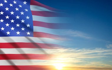USA flag on background of sunset or sunrise. Greeting card for Veterans Day or Memorial Day. EPS10 vector