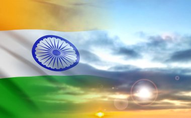 National flag of India on the sky with sunset or sunrise. EPS10 vector