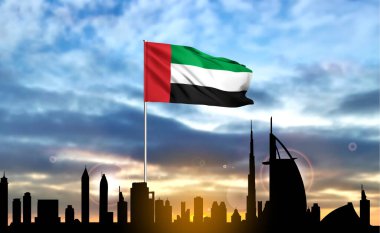 National day of United Arab Emirates. Silhouette of Dubai skyline on background of sunset with UAE flag. EPS10 vector