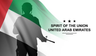 Silhouette of soldier with the flag of UAE on white background. Armed forces of United Arab Emirates. Concept for Commemoration Day, Martyrs Day, National Day. EPS10 vector