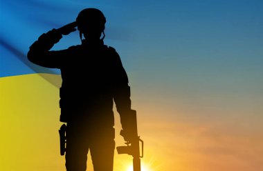 Flag of Ukraine with silhouette of soldier against the sunset. Armed forces of Ukraine concept. EPS10 vector