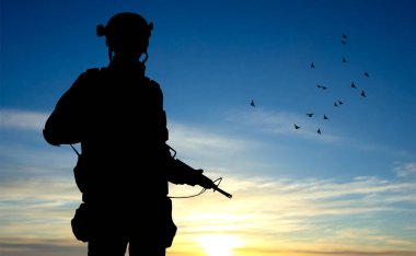 SIlhouette of soldier on background of sky. Military background. Aremd Forces concept. EPS10 vector