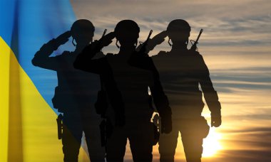Flag of Ukraine with silhouettes of soldiers against the sunset. Armed forces of Ukraine concept. EPS10 vector