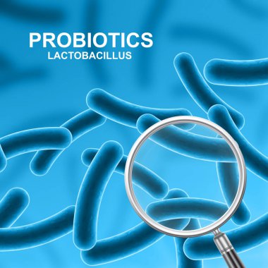 Probiotic background. Magnifying glass with probiotics on blue background. Human health background. EPS10 vector