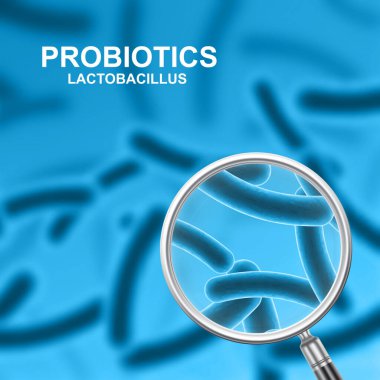 Probiotic background. Magnifying glass with probiotics on blue background. Human health background. EPS10 vector