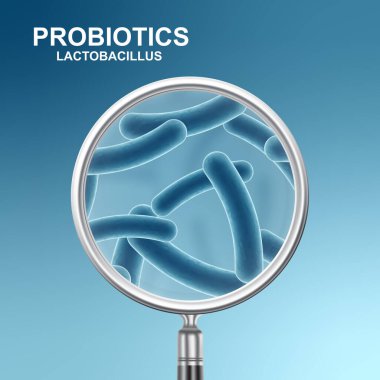 Probiotic background. Magnifying glass with probiotics on blue background. Human health background. EPS10 vector