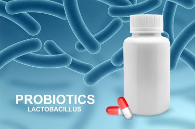 Probiotics banner template. Probiotic in capsule with lactobacillus on background. EPS10 vector