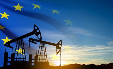 Oil rigs silhouette against sunset ana European union flag. Oil industry concept. EPS10 vector