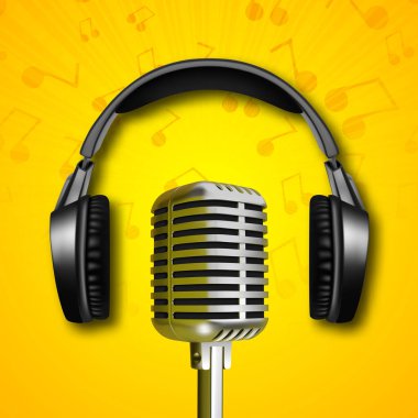 Headphones with retro microphone on yellow background. Music or karaoke concept. EPS10 vector