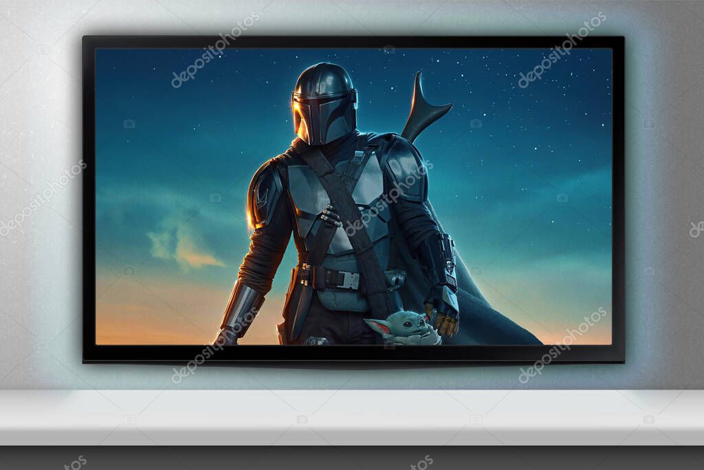 The Mandalorian movie on TV screen. Moscow, Russia - February, 2023.