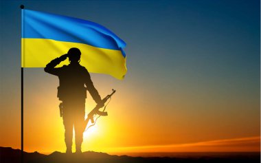 Flag of Ukraine with silhouette of soldier against the sunset. Armed forces of Ukraine concept. EPS10 vector