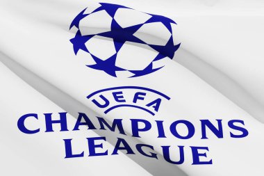 Flag with UEFA Champions League logo. Champion League is the prestigious club competition in European football. Moscow, Russia - February, 2023