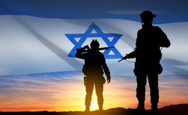 Silhouettes of soldiers with Israel flag against the sunrise. Concept - Armed forces of Israel. EPS10 vector