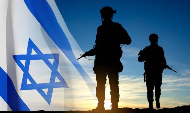 Silhouettes of soldiers with Israel flag against the sunrise. Concept - Armed forces of Israel. EPS10 vector