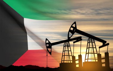 Silhouette of Oil pump on background of flag of Kuwait against the sunset or sunrise. Kuwait Oil Industry concept. EPS10 vector