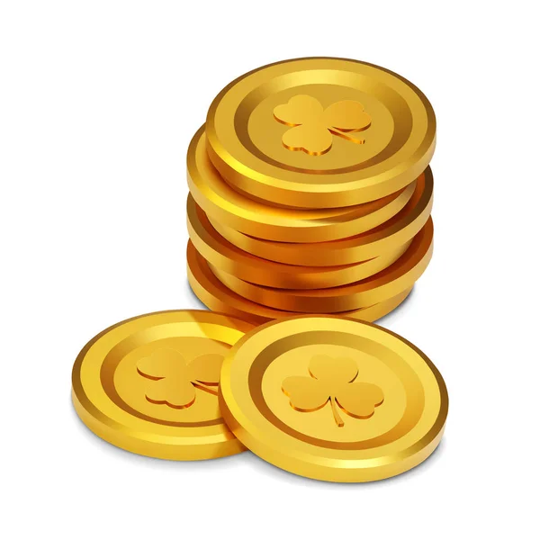 Monedas Oro Con Trébol Hojas Símbolo Del Día San Patricio — Vector de stock