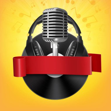 Sahnede eski mikrofonlu, vinil ve kulaklıklı arka plan. Konsept - Müzik DJ 'i. EPS10 vektörü