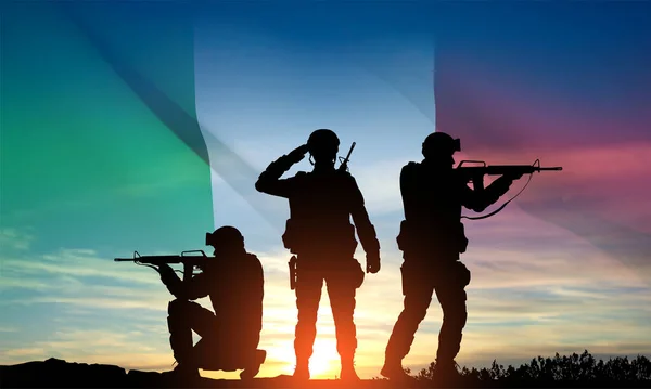 Silhuetter Soldat Med Italiensk Flagga Mot Solnedgången Italiens Väpnade Styrkor — Stock vektor