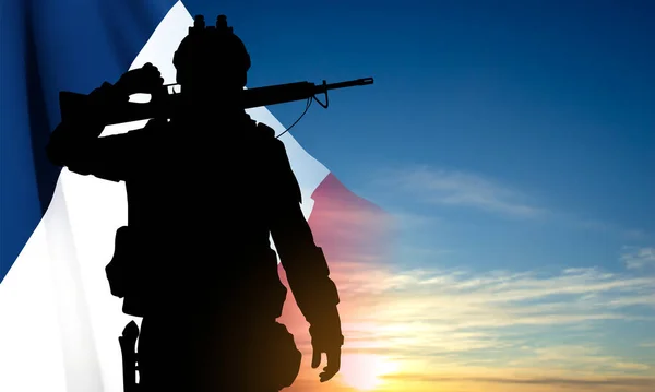 Silhuett Fransk Soldat Mot Solnedgången Och Fransk Flagga Koncept Försvarsmakten — Stock vektor