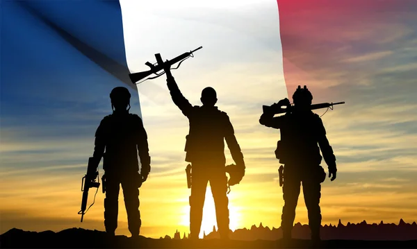 Siluetas Soldados Franceses Sobre Fondo Atardecer Bandera Francesa Concepto Fuerzas — Archivo Imágenes Vectoriales