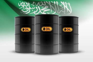 Arka planda Suudi Arabistan bayrağı olan petrol varili. Petrol endüstrisi konsepti. EPS10 vektörü