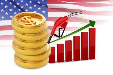 Dolar işareti, yakıt pompası ve yükselen petrol fiyatlarının grafiği olan bir yığın altın sikke. EPS10 vektörü
