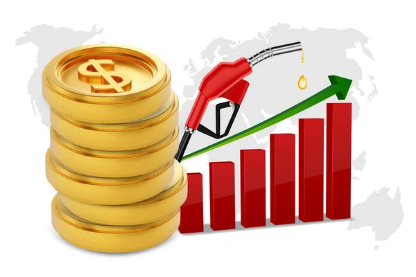 Stapel Gouden Munten Met Dollarteken Brandstofpomp Grafiek Van Stijgende Olieprijzen — Stockvector