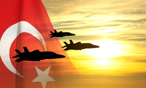 Gün Batımına Türkiye Bayrağına Karşı Askeri Uçak Hava Kuvvetleri Kavramı — Stok Vektör