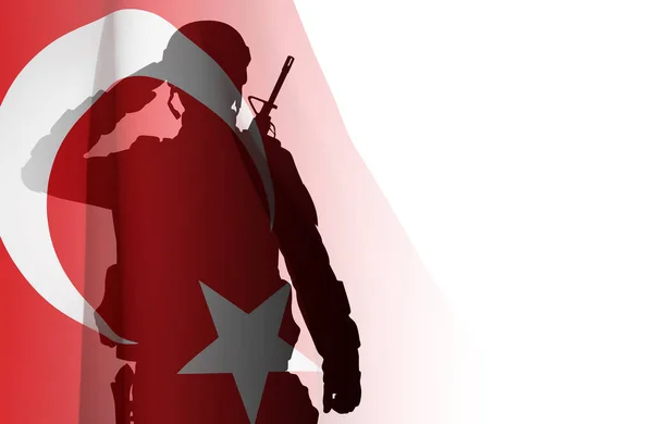 Silhouette Eines Salutierenden Soldaten Mit Türkischer Flagge Auf Weißem Hintergrund — Stockvektor