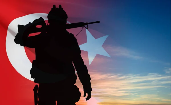 天空背景下挂着土耳其国旗的士兵的轮廓 土耳其武装部队日 胜利日 Eps10病媒 — 图库矢量图片