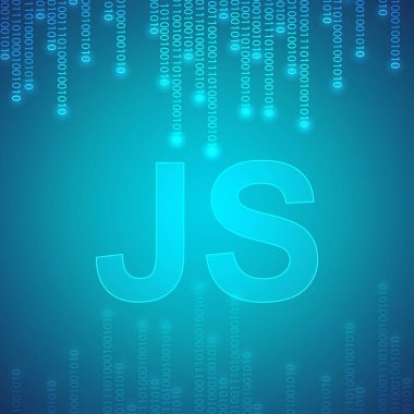 JavaScript programlama. Mavi ikili arkaplanda JS logosu. JavaScript programlama dili sembolü. EPS10 vektörü