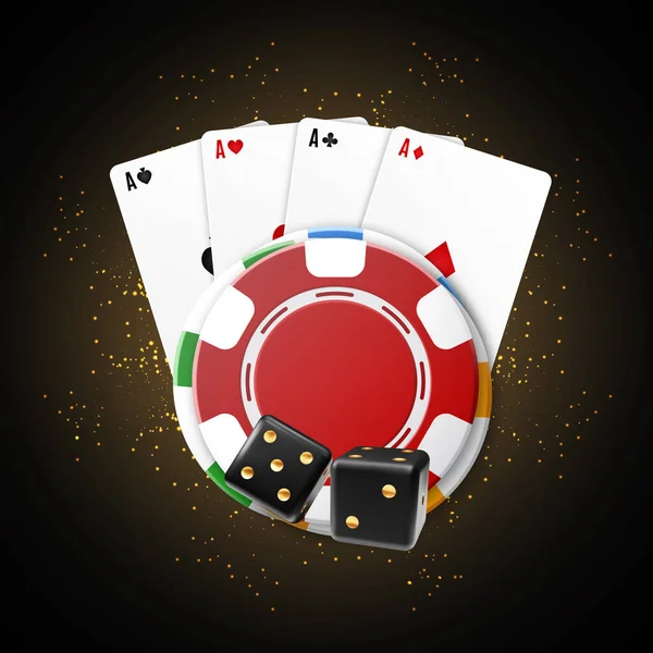 Spielkarten Mit Pokerchip Und Zwei Würfeln Auf Glitzerndem Hintergrund Eps10 — Stockvektor