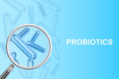Probiotic background. Magnifying glass with probiotics on blue background. Human health background. EPS10 vector