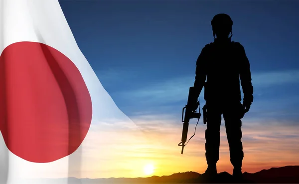 Silhueta Soldado Fundo Pôr Sol Com Bandeira Japão Conceito Força —  Vetores de Stock