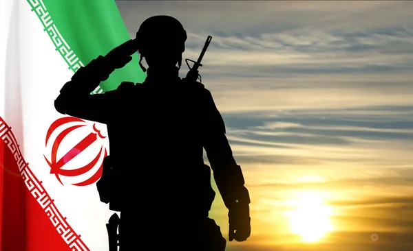 Silueta Soldado Saludando Contra Puesta Sol Con Bandera Irán Eps10 — Vector de stock