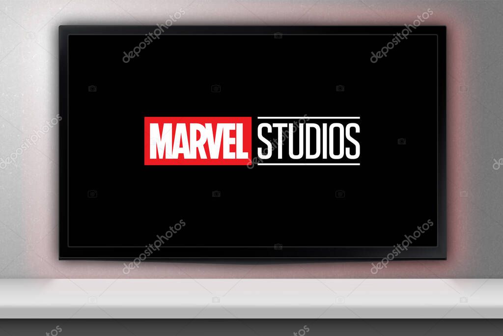 Marvel Studios logo on TV screen. Moscow, Russia - March, 2023.