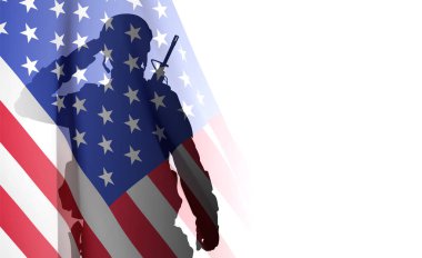 Beyaz arka planda ulus bayrağı olan Amerikan askeri. EPS10 vektörü