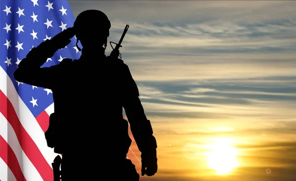 一个举着美国国旗在日落前致敬的士兵的肖像 退伍军人日 阵亡将士纪念日 独立日的贺卡 Eps10病媒 — 图库矢量图片