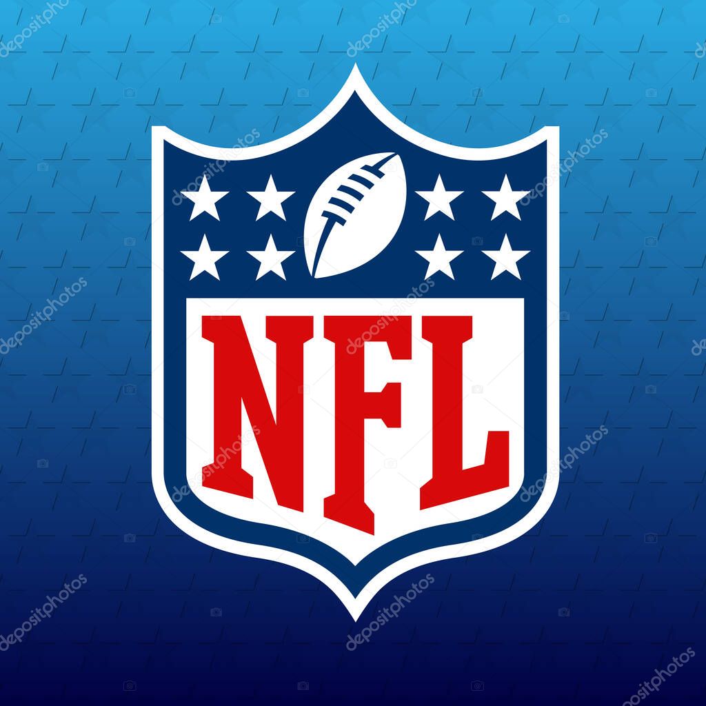 The logo of the NFL National Football League on blue background. Moscow, Russia - March, 2023
