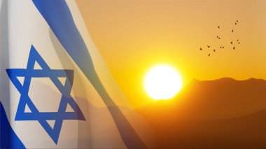 Gün batımına karşı dağların arkasında İsrail bayrağı. 3d oluşturma