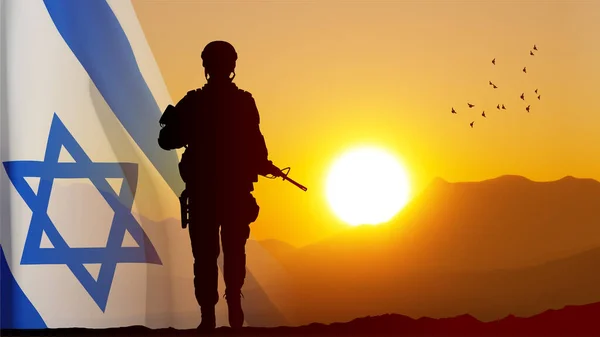 Soldatensilhouette Mit Israelischer Flagge Gegen Den Sonnenaufgang Konzept Streitkräfte Israels — Stockfoto