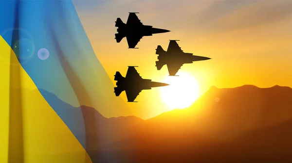 Military Aircraft Sunset Ukraine Flag Eps10 Vector — Stockvector