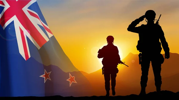 Silhuetas Soldados Com Bandeira Neozelandesa Contra Pôr Sol Antecedentes Dia — Vetor de Stock
