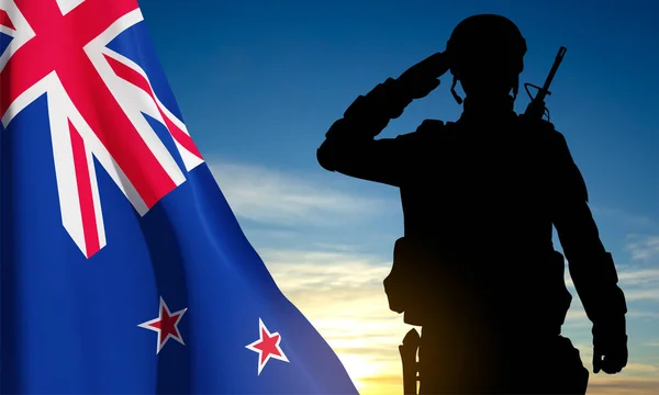 Silhouette Eines Grüßenden Soldaten Mit Neuseeländischer Flagge Hintergrund Des Himmels — Stockvektor