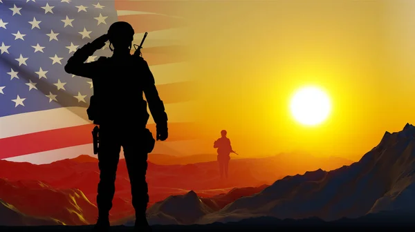 Siluet Tentara Terhadap Matahari Terbenam Dengan Bendera Amerika Serikat Latar — Stok Foto