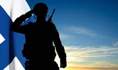 Gökyüzü ve Finlandiya bayrağının arka planında bir askerin silueti. EPS10 vektörü