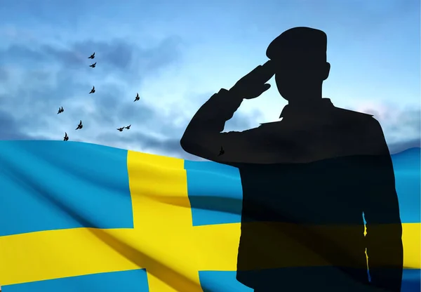 Силуэт Салютующего Солдата Закате Шведским Флагом Вектор Eps10 — стоковый вектор