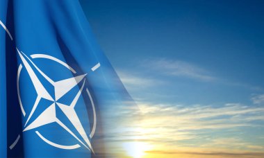 Arka planda NATO bayrağı var. Moskova, Rusya - Nisan 2023